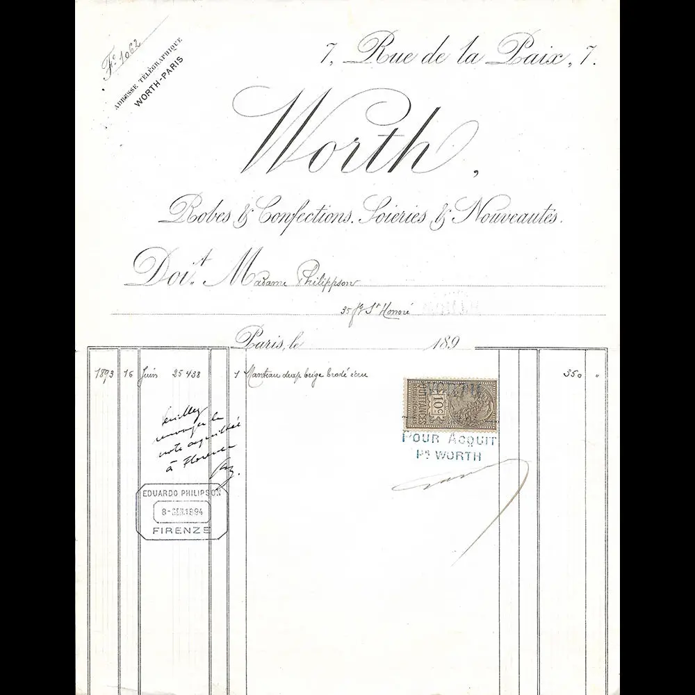 Worth - Facture De La Maison De Couture, 7 Rue De La Paix, Paris (1893) 1