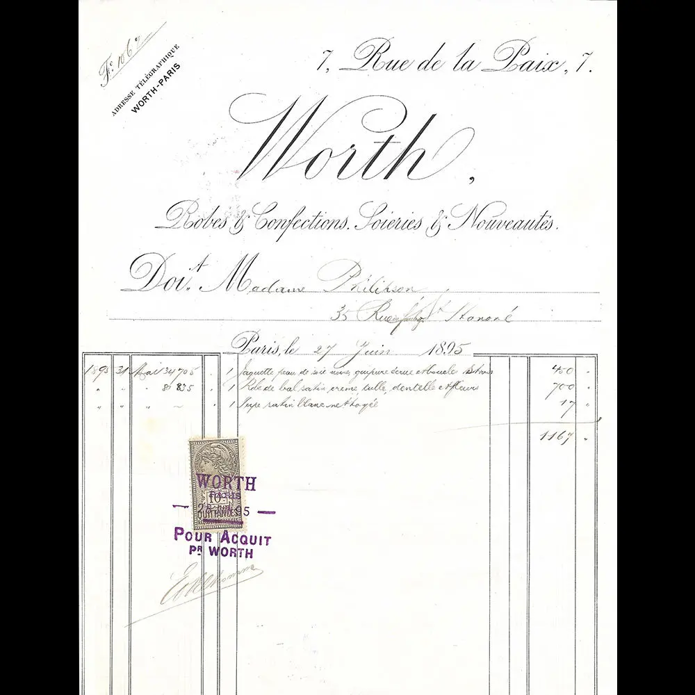 Worth - Facture De La Maison De Couture, 7 Rue De La Paix, Paris (1895) 1