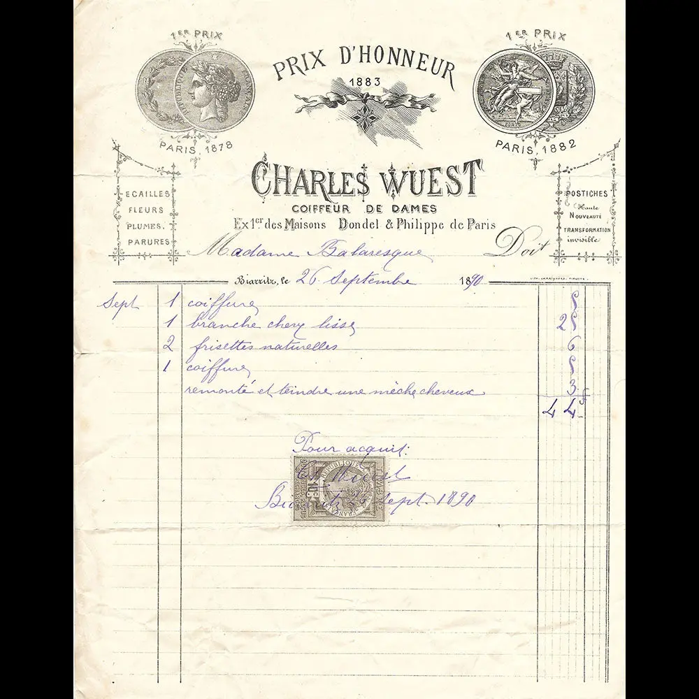 Charles Wuest - Facture Du Coiffeur De Dames À Biarritz (1890) 1