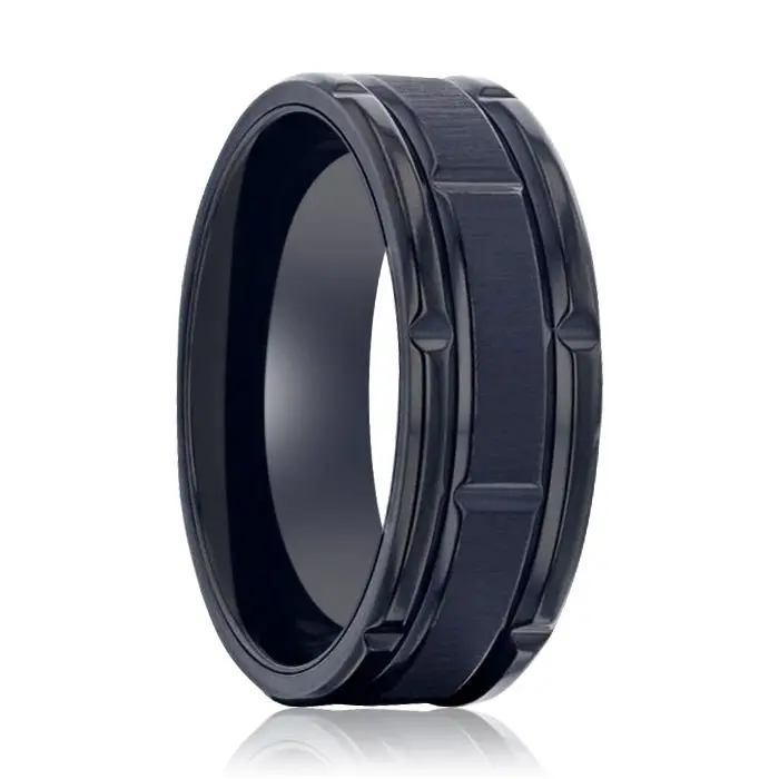 Wynn | Black Titanium Men's Wedding Band With Alternating Grooved 1