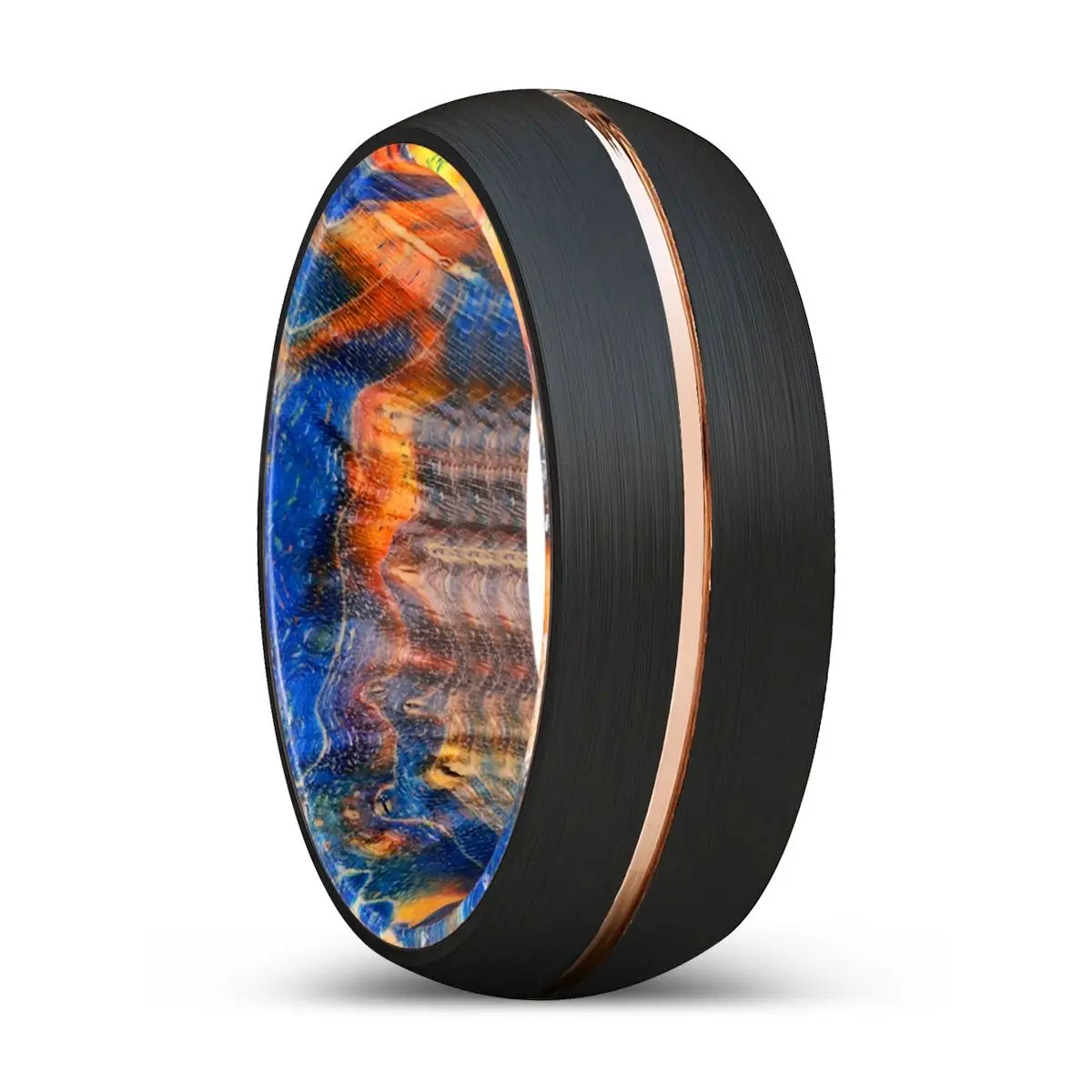 Xales | Blue & Yellow/Orange Wood, Black Tungsten Ring, Rose Gold Groove, Domed 1