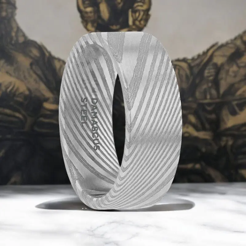 Xander | Silver Damascus Steel Ring, Vivid Etched Design, Flat 1