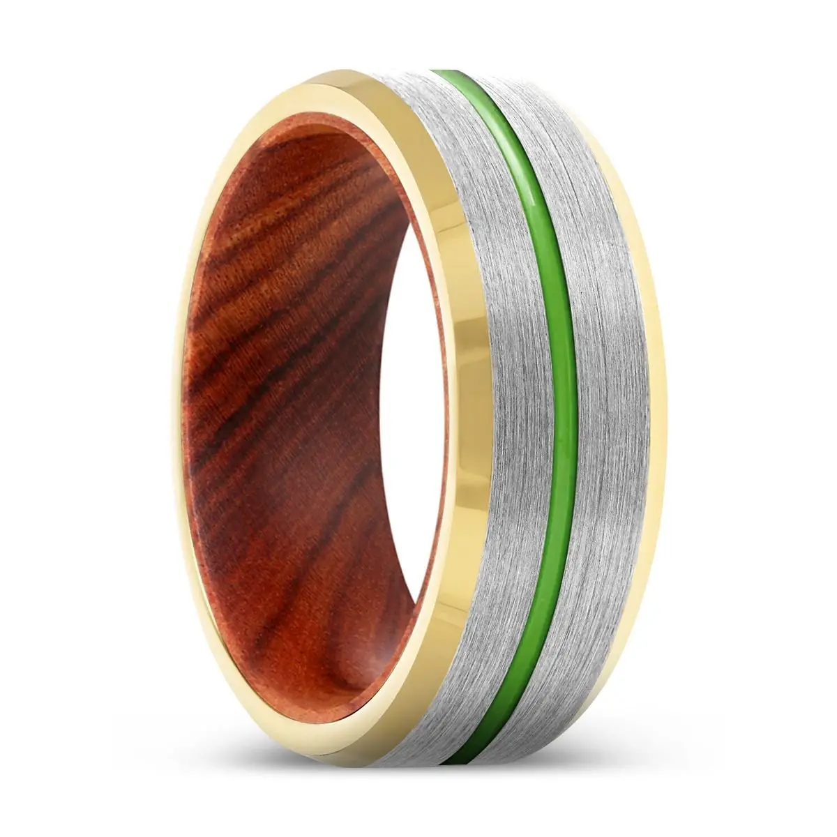 Xutron | Iron Wood, Silver Tungsten Ring, Green Groove, Gold Beveled Edge 1