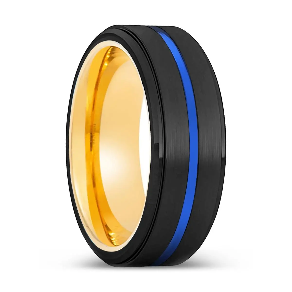 Yash | Gold Ring, Black Tungsten Ring, Blue Groove, Stepped Edge 1