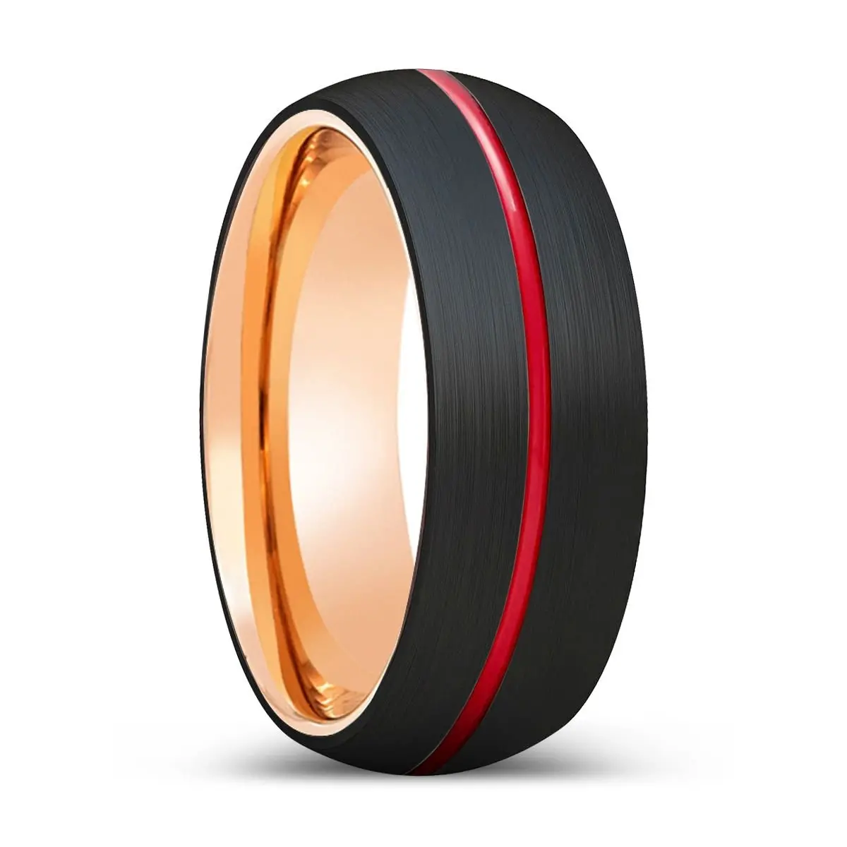 Yoghi | Rose Gold Ring, Black Tungsten Ring, Red Groove, Domed 1