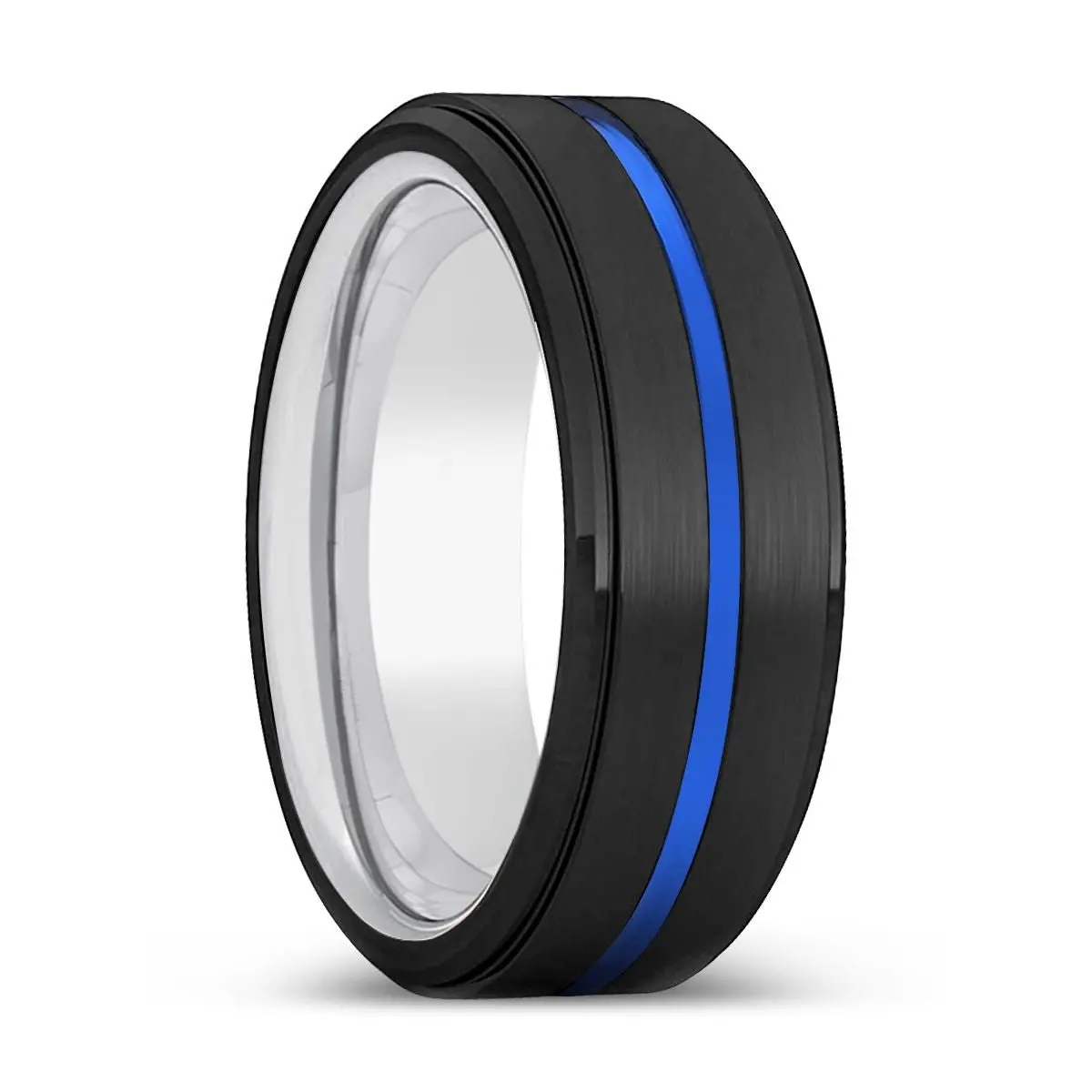 Yoshii | Silver Ring, Black Tungsten Ring, Blue Groove, Stepped Edge 1