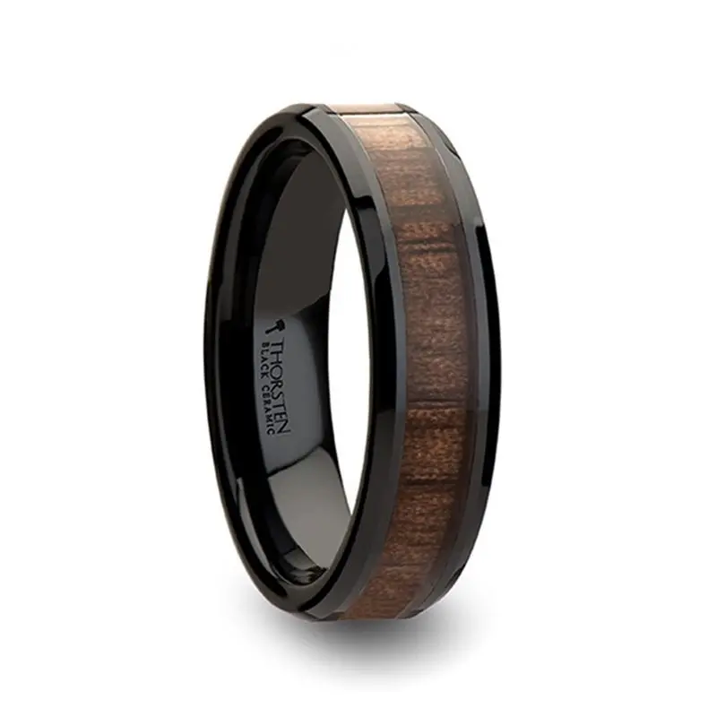 Yukon | Black Ceramic Ring, Black Walnut Wood Inlay, Beveled, 4Mm, 6Mm, 8Mm 1