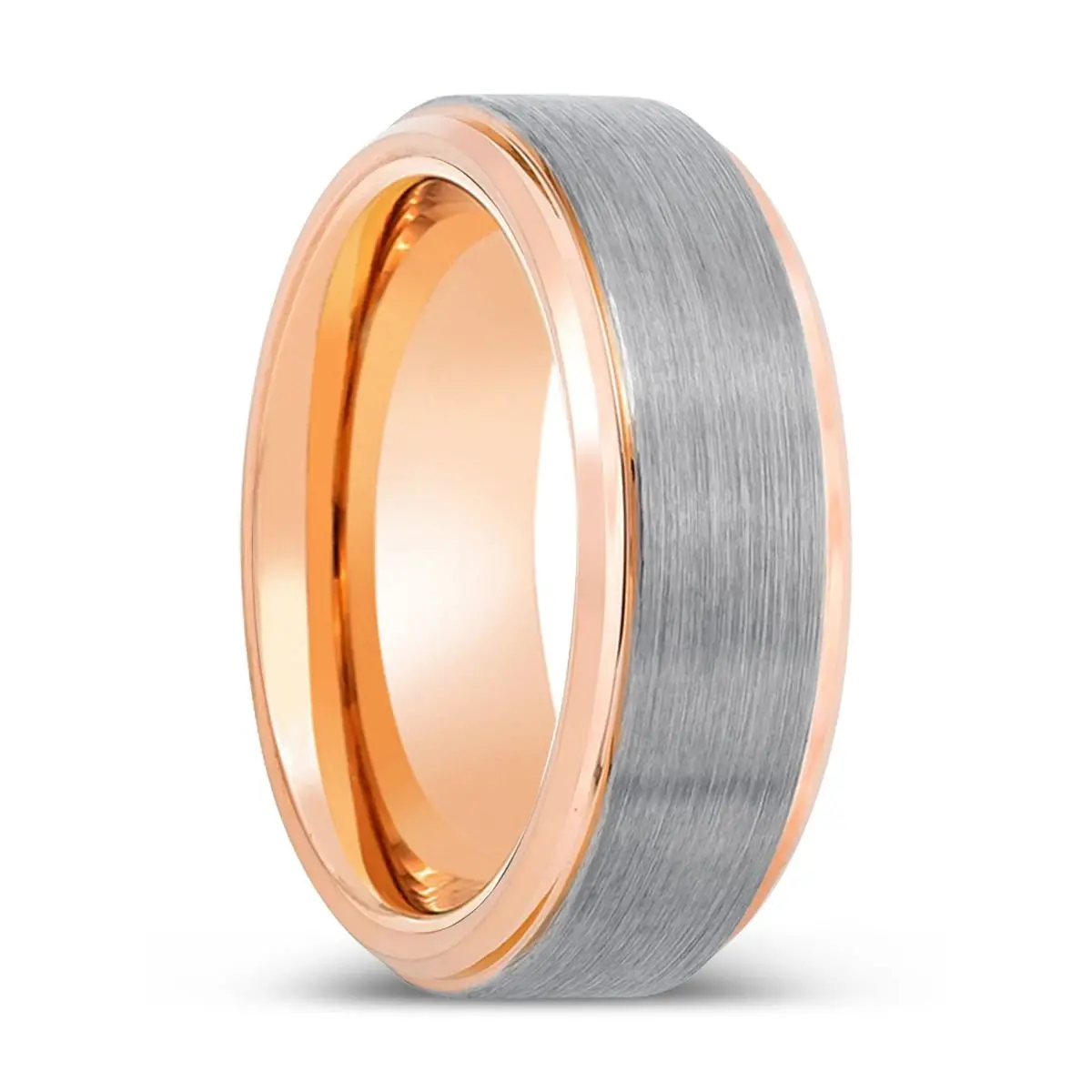 Zander | Rose Gold Ring, Silver Tungsten Ring, Brushed, Rose Gold Stepped Edge 1