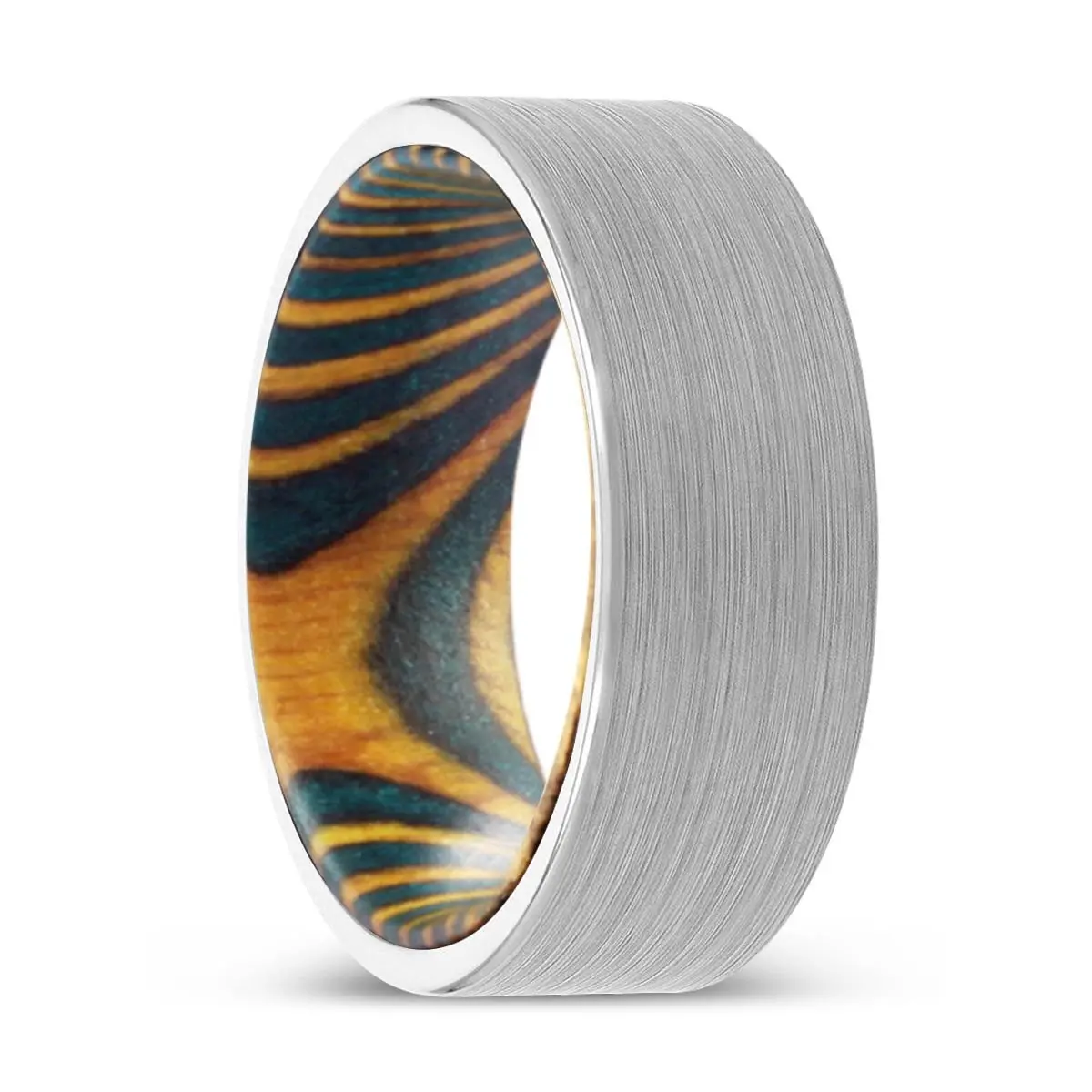 Zayd | Green & Yellow Wood, White Tungsten Ring, Brushed, Flat 1
