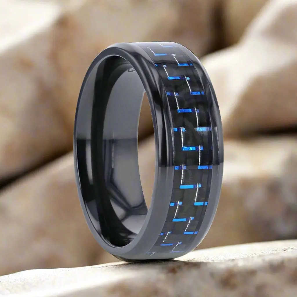 Zayden | Black Titanium Ring, Blue & Black Carbon Fiber Inlay, Beveled 1