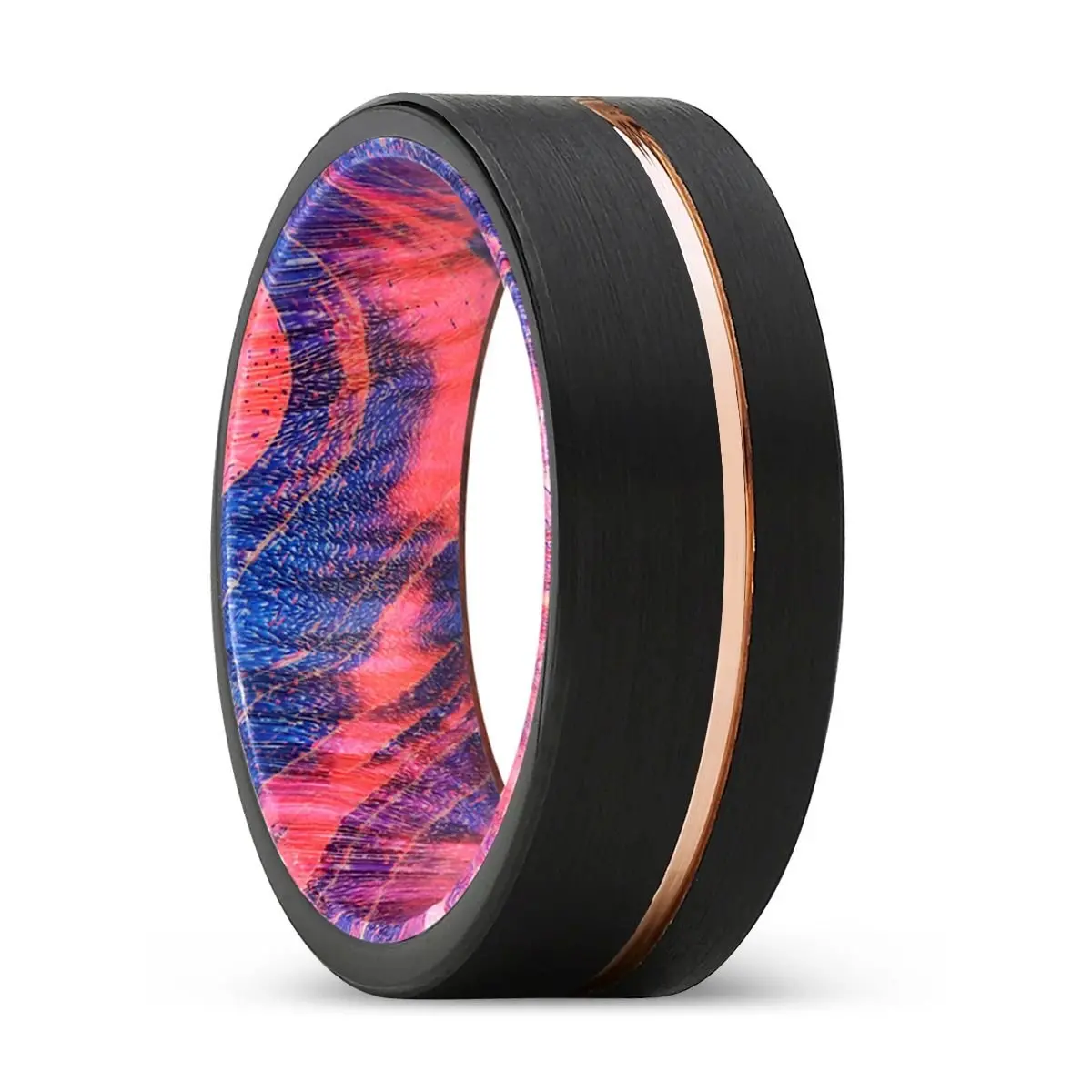 Zeal | Blue & Red Wood, Black Tungsten Ring, Rose Gold Offset Groove, Brushed, Flat 1