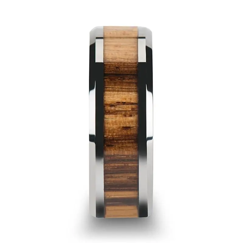 Palmaletto | Silver Tungsten Ring, Zebra Wood Inlay, Beveled 4