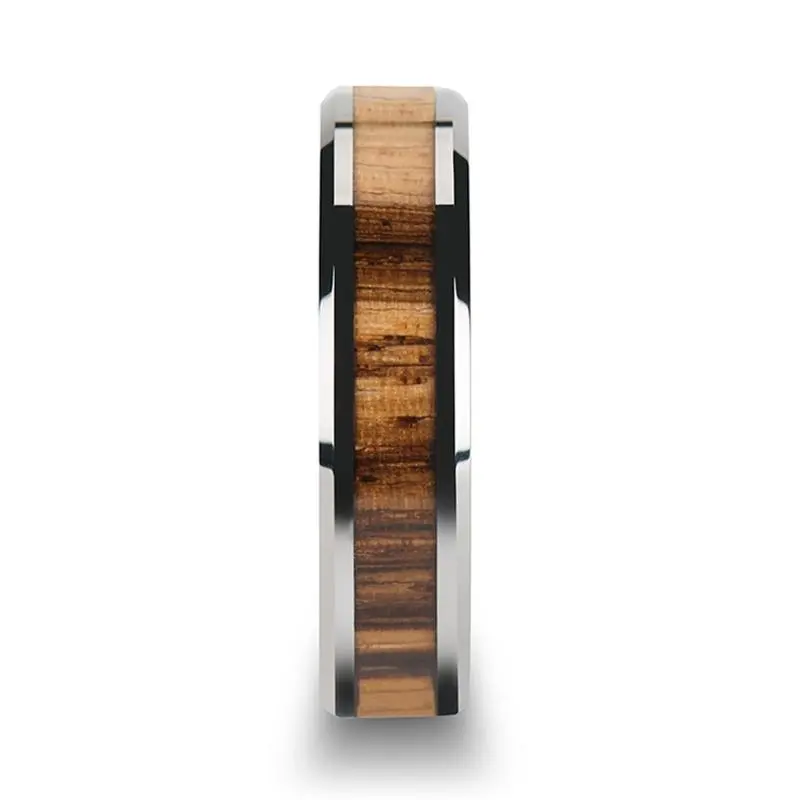 Palmaletto | Silver Tungsten Ring, Zebra Wood Inlay, Beveled 3