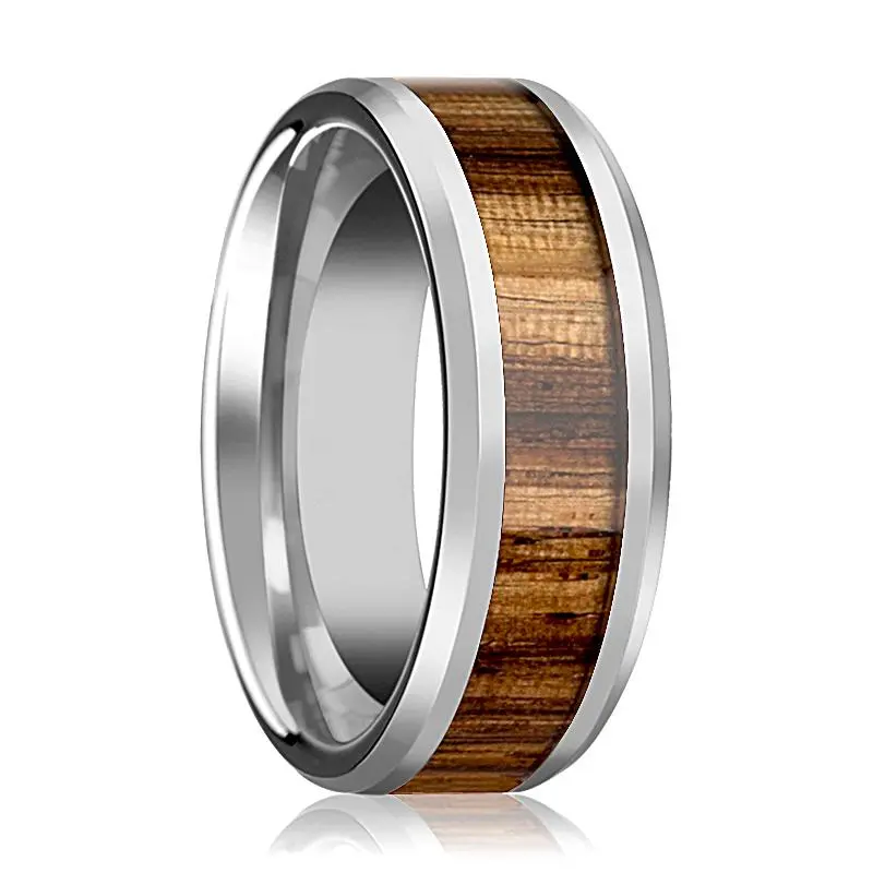 Palmaletto | Silver Tungsten Ring, Zebra Wood Inlay, Beveled 1