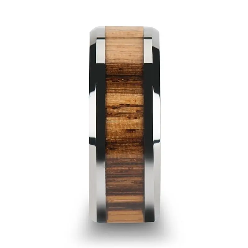 Palmaletto | Silver Tungsten Ring, Zebra Wood Inlay, Beveled 5
