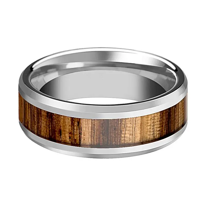 Palmaletto | Silver Tungsten Ring, Zebra Wood Inlay, Beveled 2