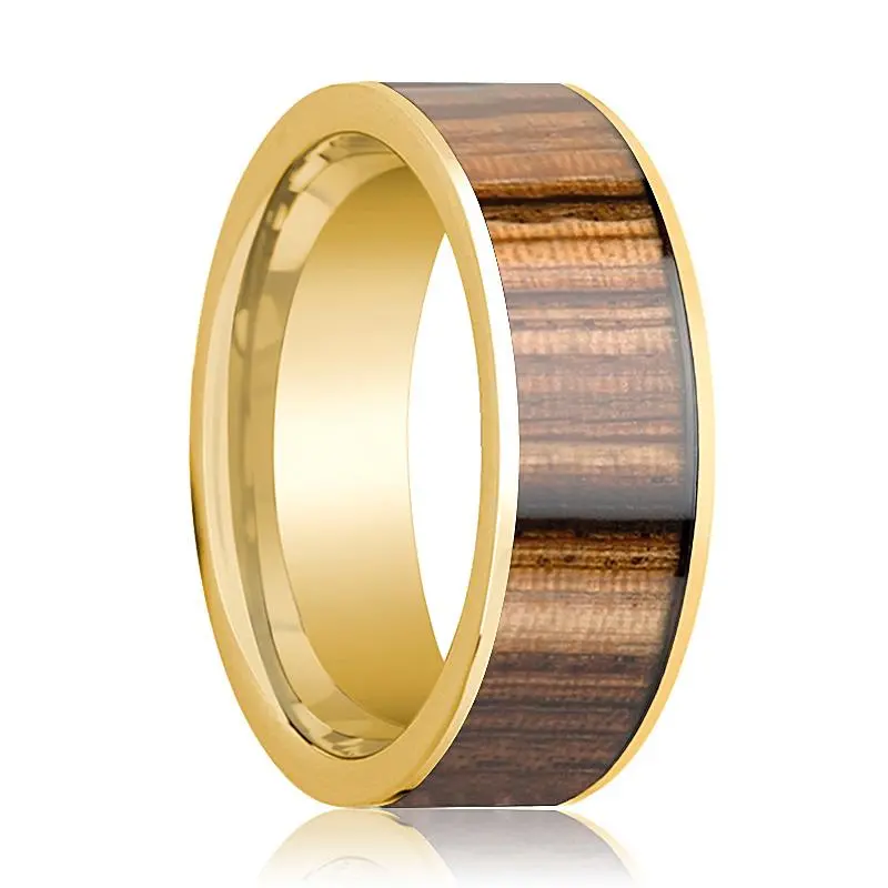 Zebra Wood Inlaid Men's 14K Yellow Gold Flat Wedding Band Polished Finish - 8Mm 1
