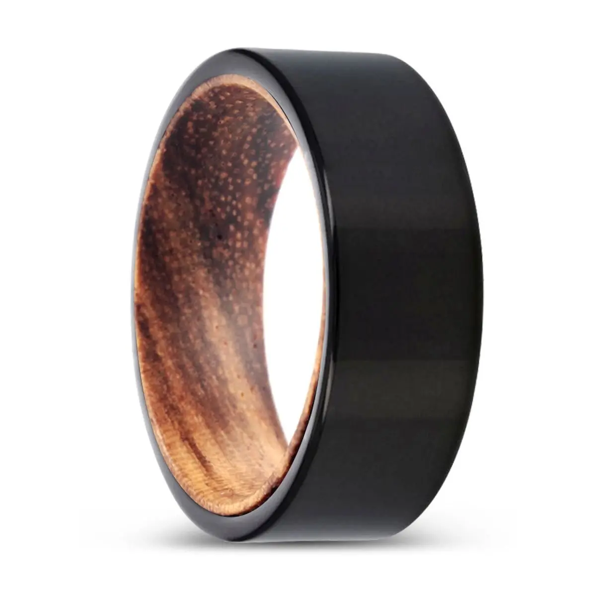 Zenon | Zebra Wood, Black Tungsten Ring, Shiny, Flat 1