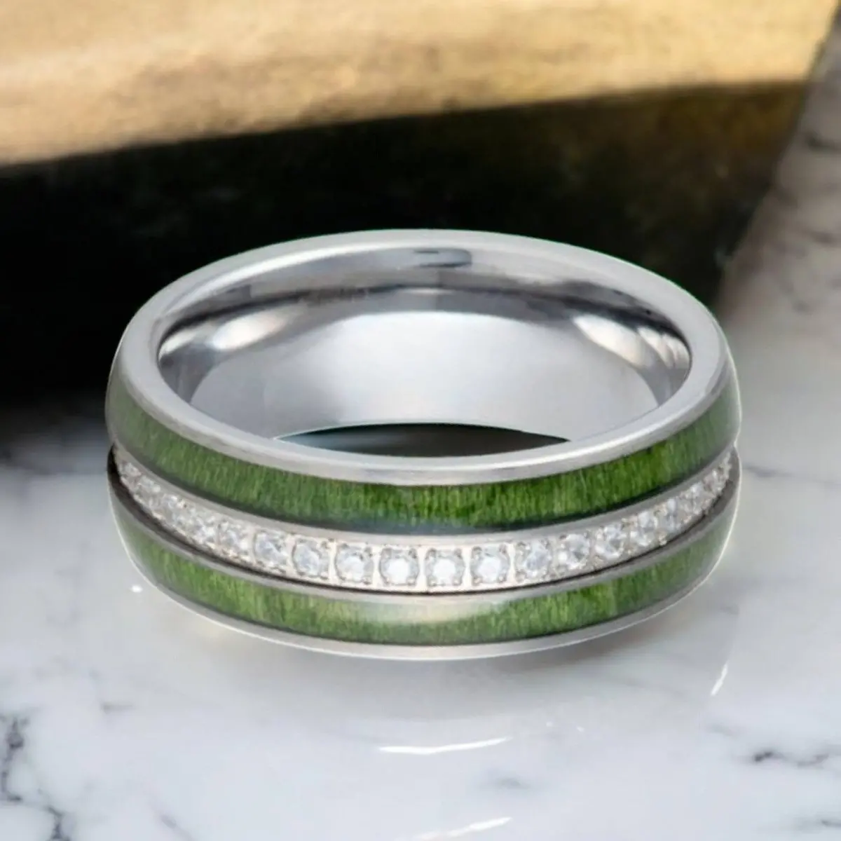 Zentara | Silver Tungsten Ring, Diamond Stimulant Cz, Jade Wood Inlay 3