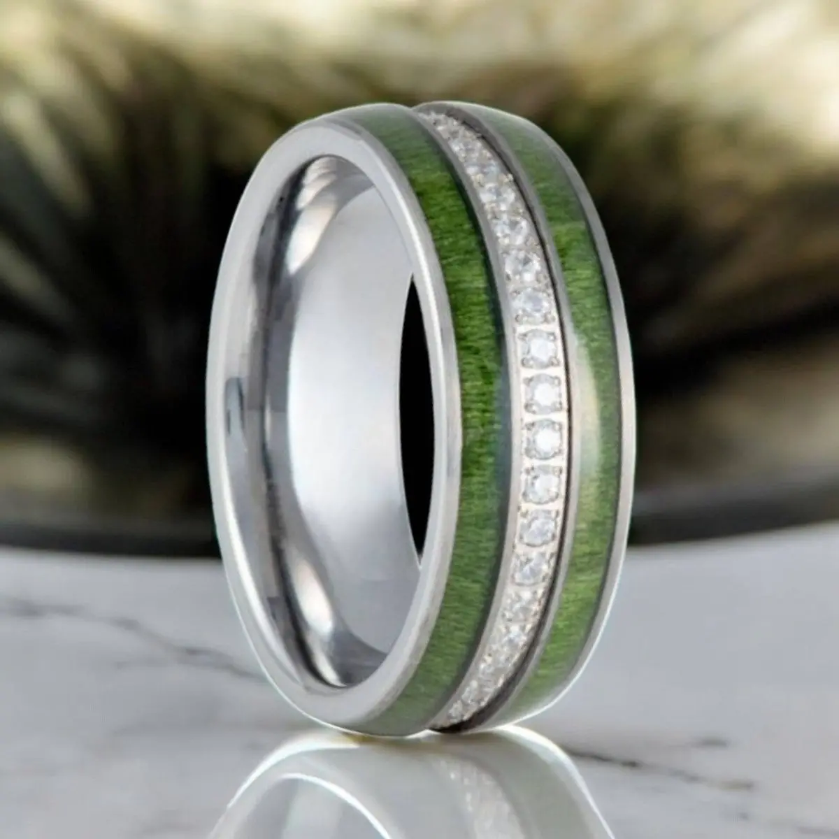 Zentara | Silver Tungsten Ring, Diamond Stimulant Cz, Jade Wood Inlay 1