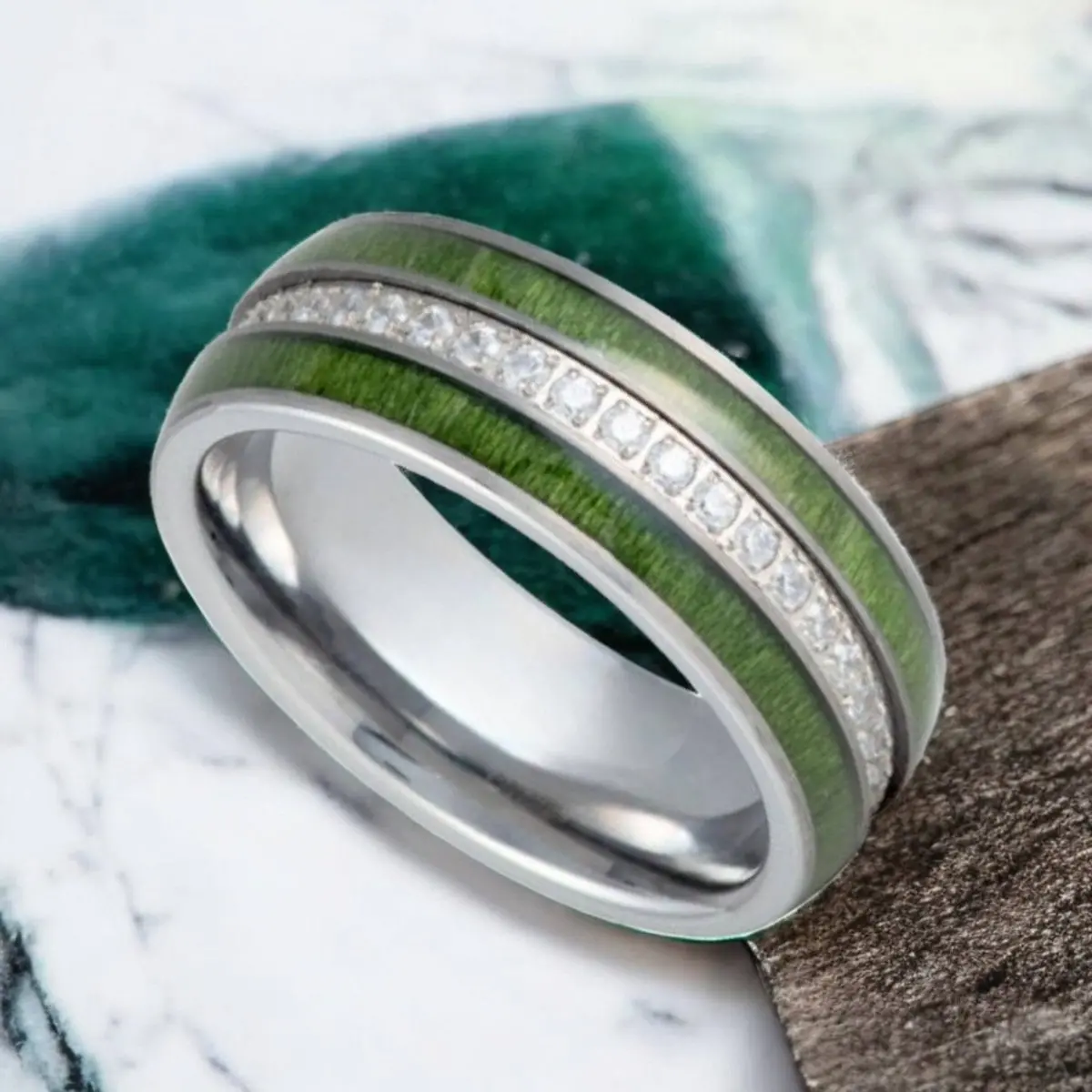 Zentara | Silver Tungsten Ring, Diamond Stimulant Cz, Jade Wood Inlay 4