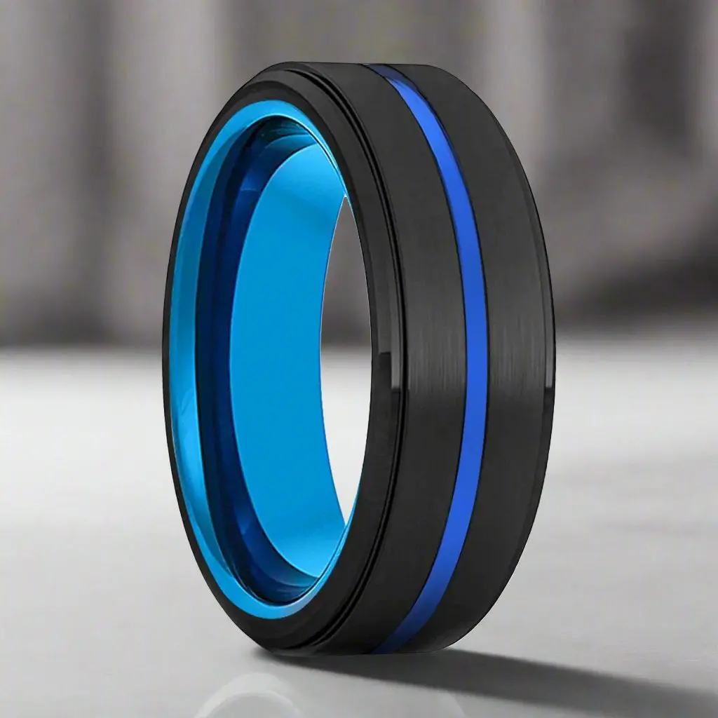 Zenvo | Blue Tungsten Ring, Black Tungsten Stepped Edge Blue Groove 1