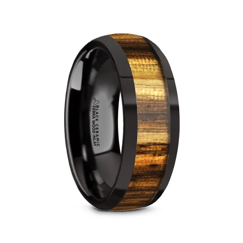 Zerra | Black Ceramic Ring, Zebra Wood Inlay, Domed 1