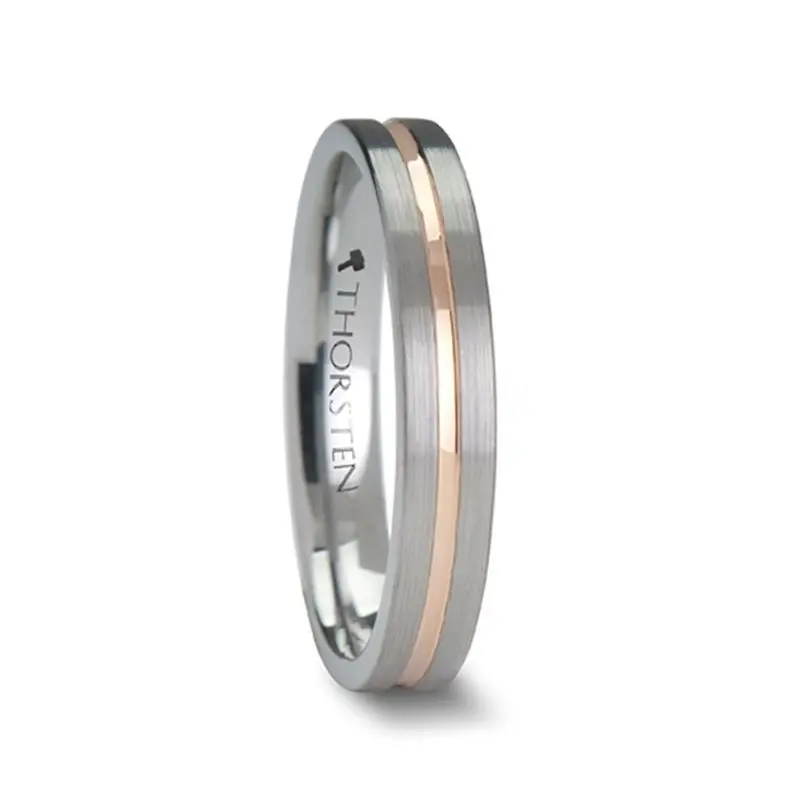 Zeus | Silver Tungsten Ring, Rose Gold Groove, Flat 1