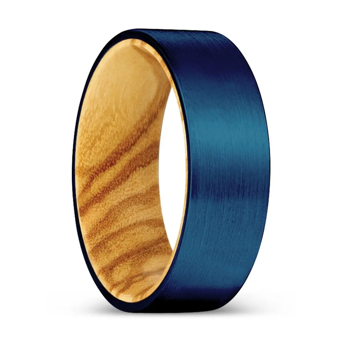Zigzag | Olive Wood, Blue Tungsten Ring, Brushed, Flat 1