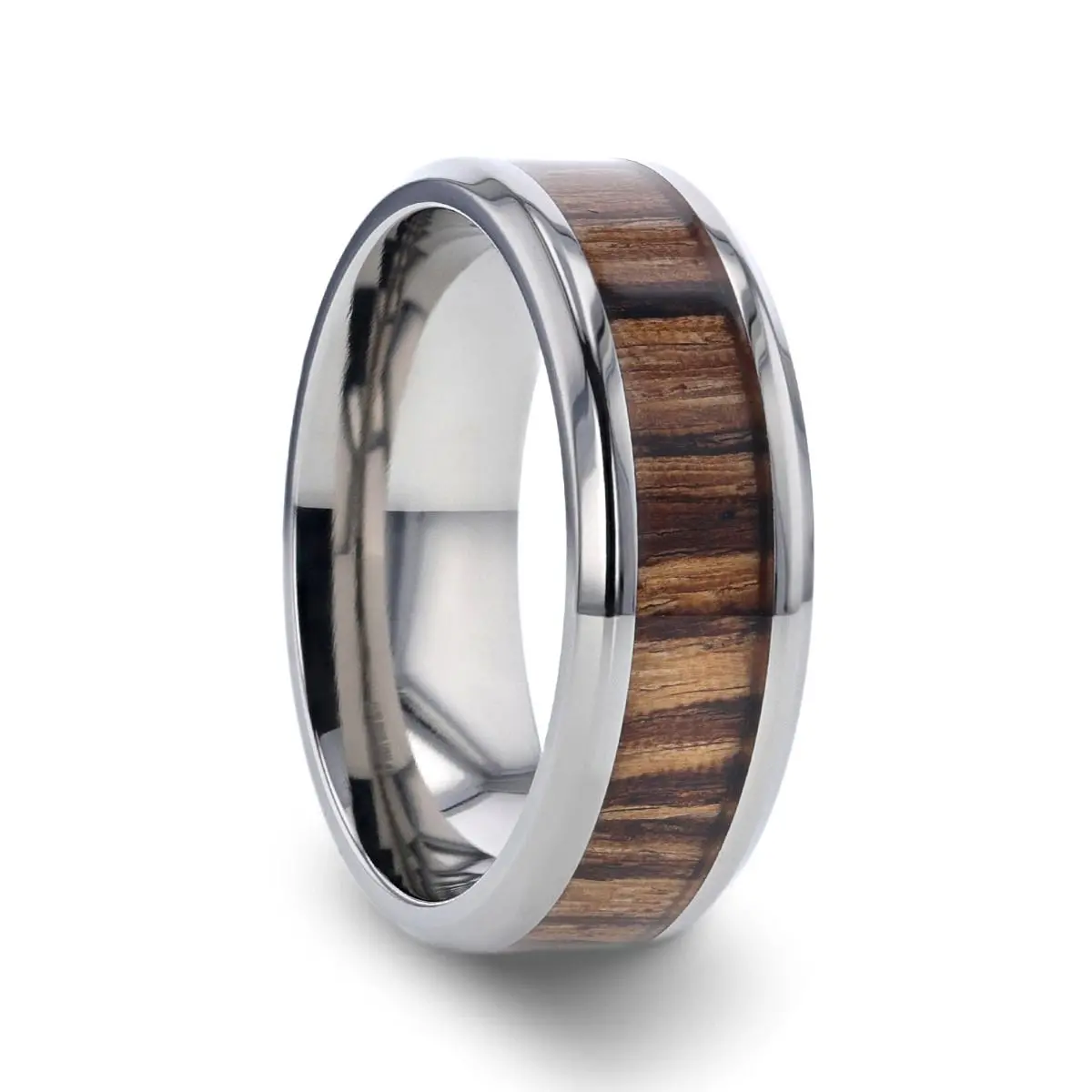 Zingana | Silver Titanium Ring, Zebra Wood Inlay, Beveled 1