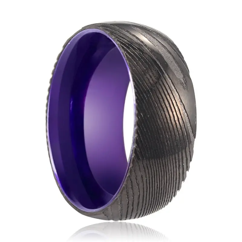Zinnia | Purple Ring, Gunmetal Damascus Steel Ring, Domed 1