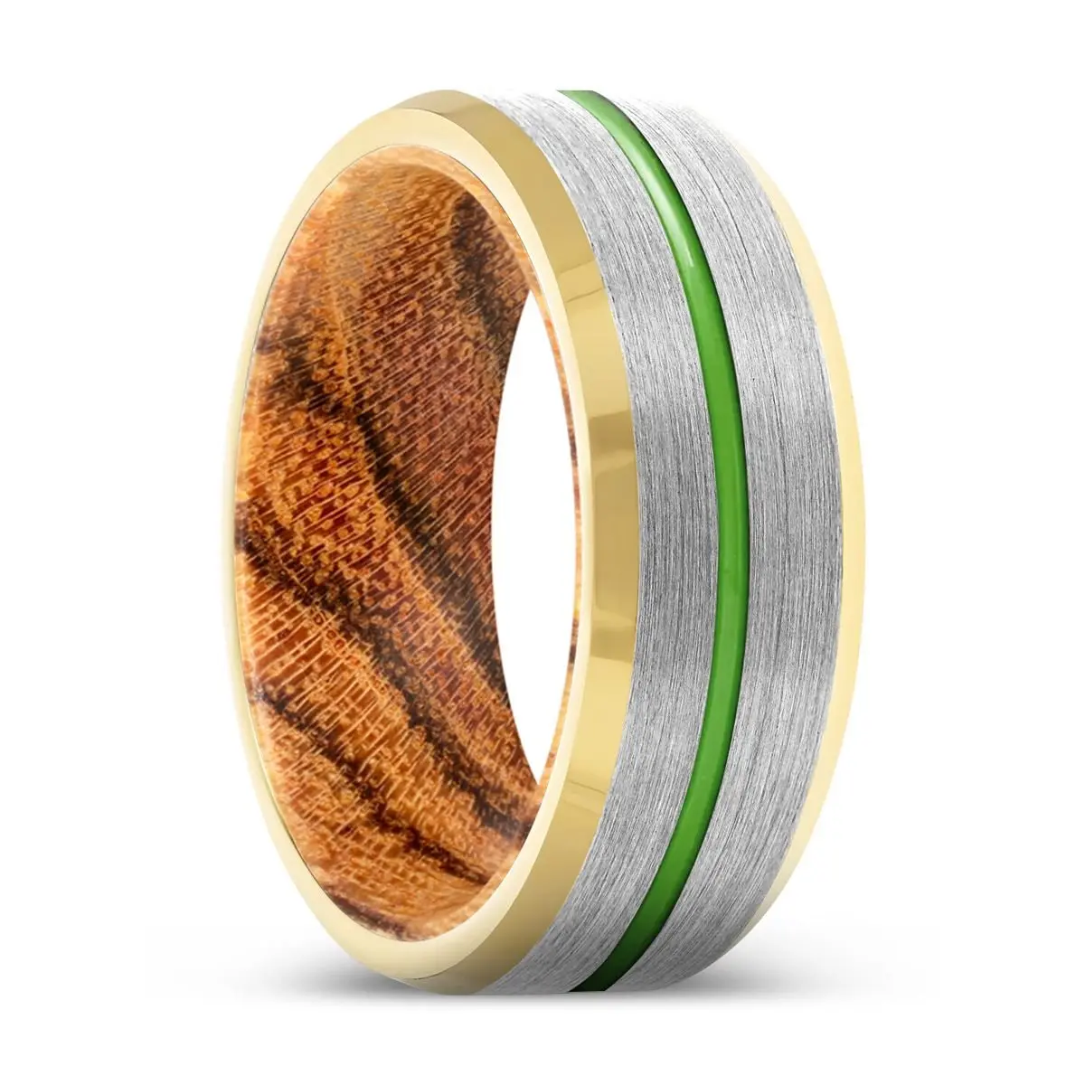Zucca | Bocote Wood, Silver Tungsten Ring, Green Groove, Gold Beveled Edge 1