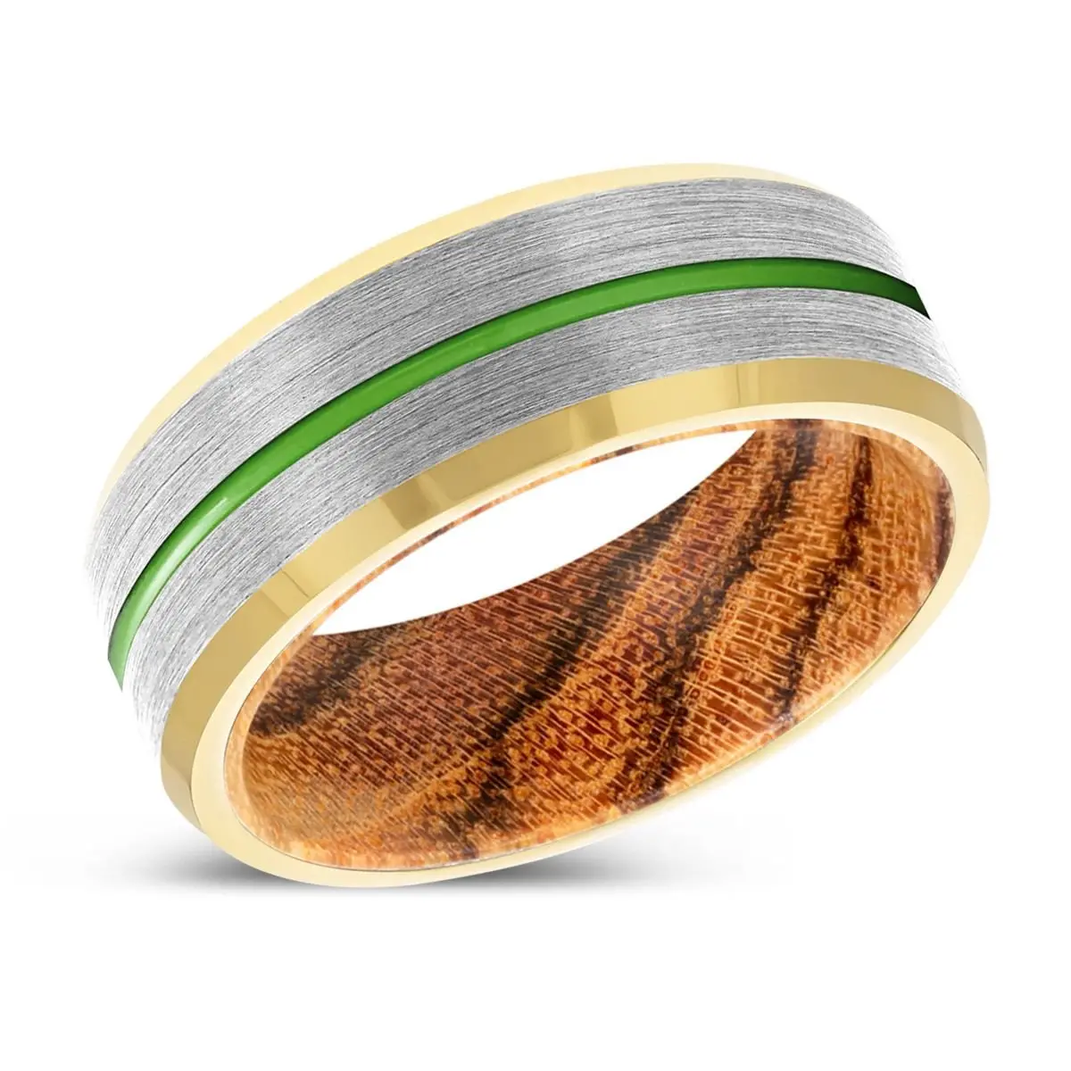 Zucca | Bocote Wood, Silver Tungsten Ring, Green Groove, Gold Beveled Edge 2