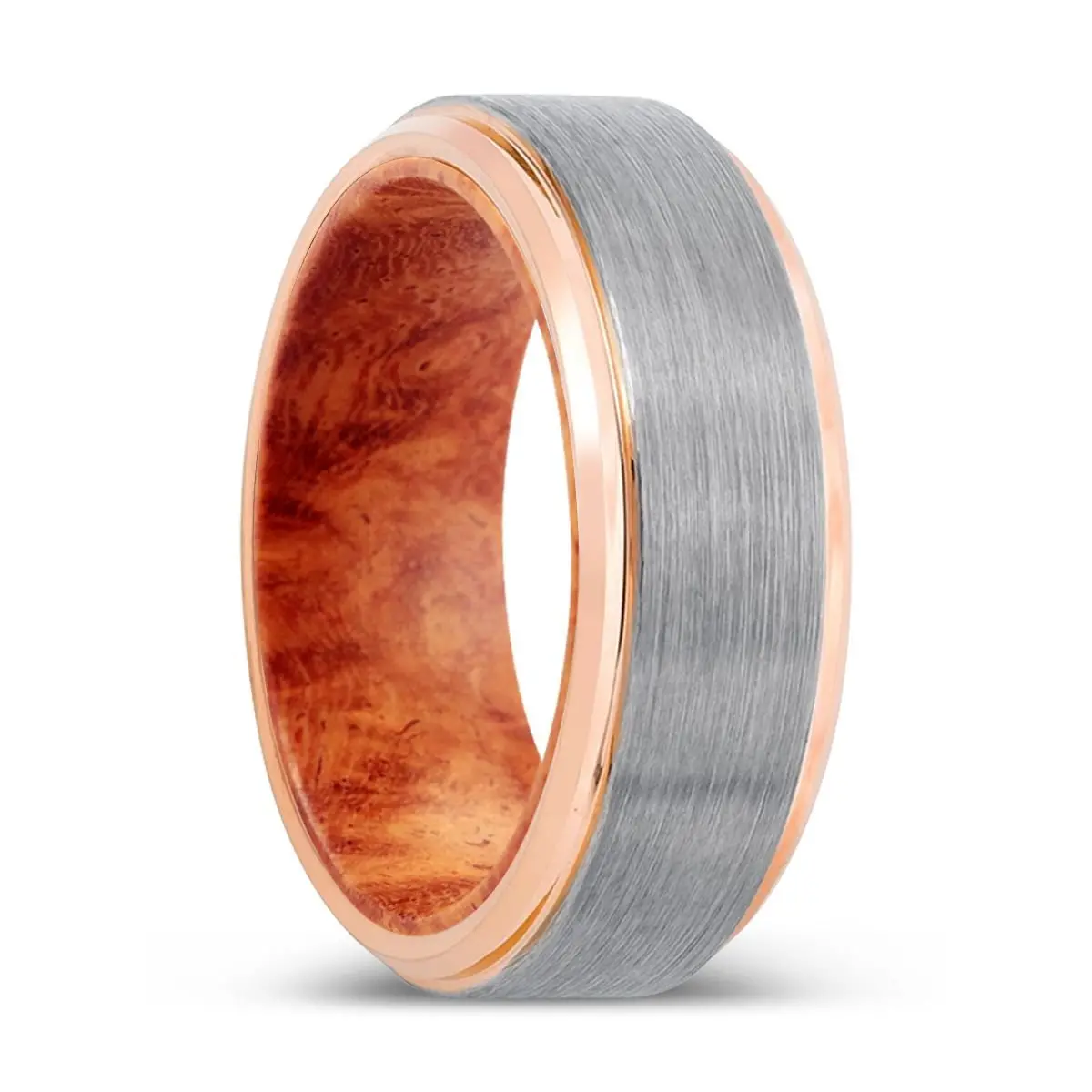 Zyn | Red Burl Wood, Silver Tungsten Ring, Brushed, Rose Gold Stepped Edge 1