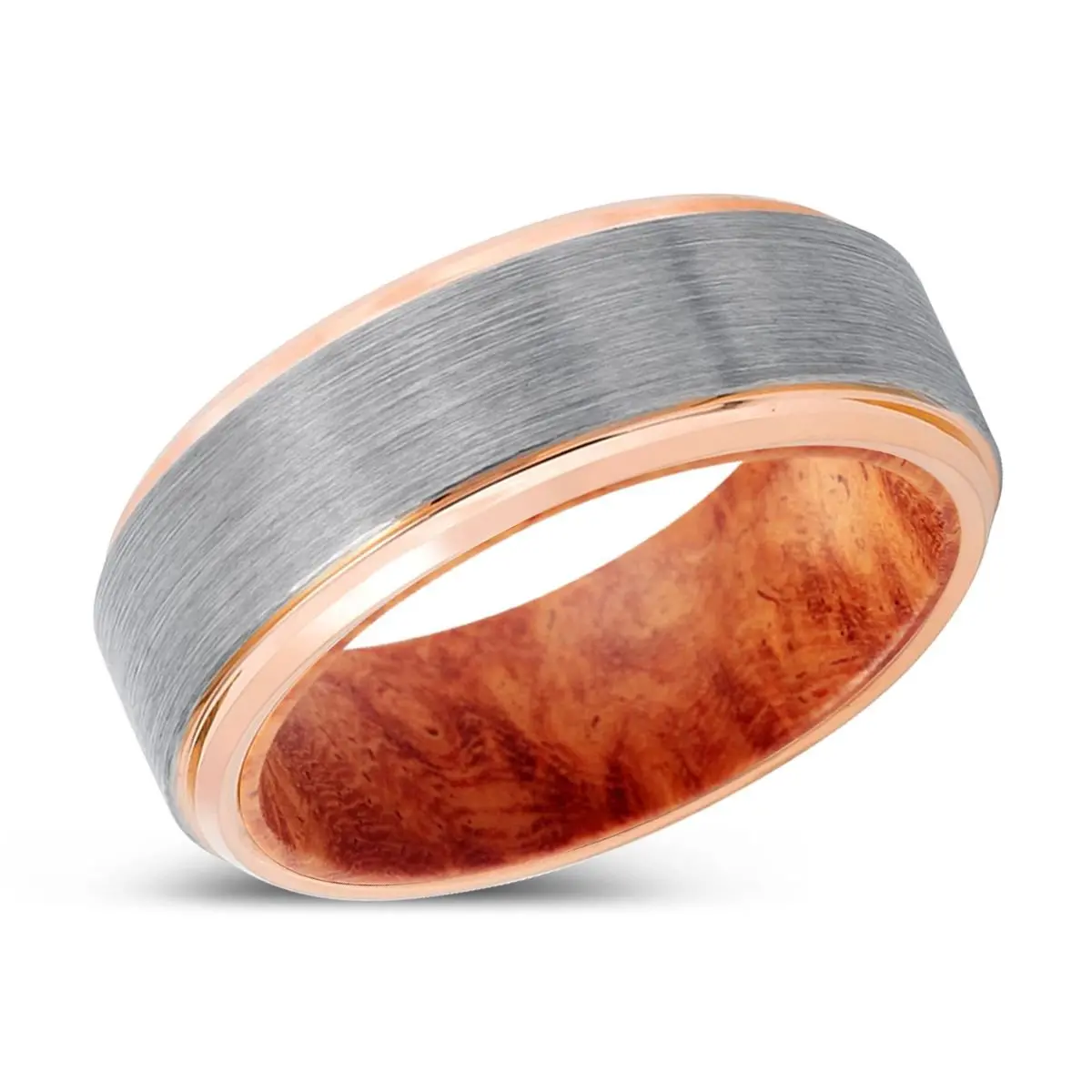 Zyn | Red Burl Wood, Silver Tungsten Ring, Brushed, Rose Gold Stepped Edge 2