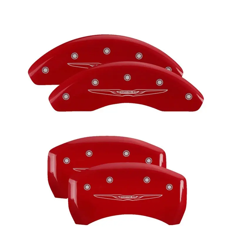 Mgp Engraved 4-Piston Caliper Covers — Front & Rear — Style 2 For Chrysler Vehicles (Red Wing With Silver Finish) 1