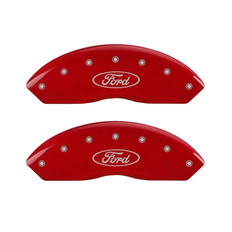 Mgp Engraved 4-Piston Caliper Covers – Front & Rear, Oval Ford Logo, Red Finish With Silver Chrome Accents 1