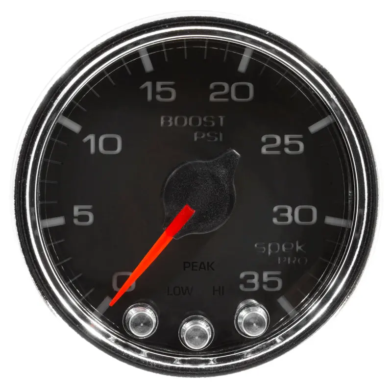 Autometer Spek-Pro 2-1/16" Boost Gauge – 35 Psi, Stepper Motor, Black/Chrome Face With Peak Hold & Warning 1